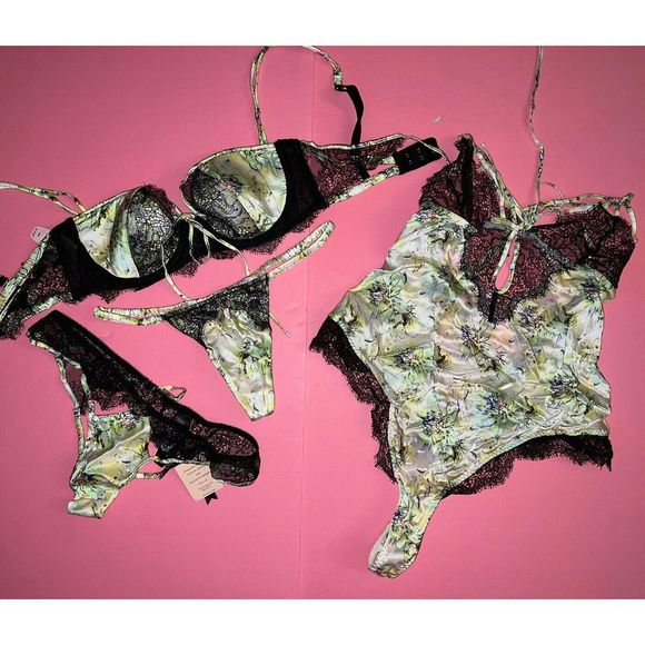 Victoria's Secret Designer 34B,32D BRA SET+thong+TEDDY FANTASY ISLAND GREEN SILK